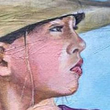 Load image into Gallery viewer, Portrait of a girl on horse, detail of face and textured canvas