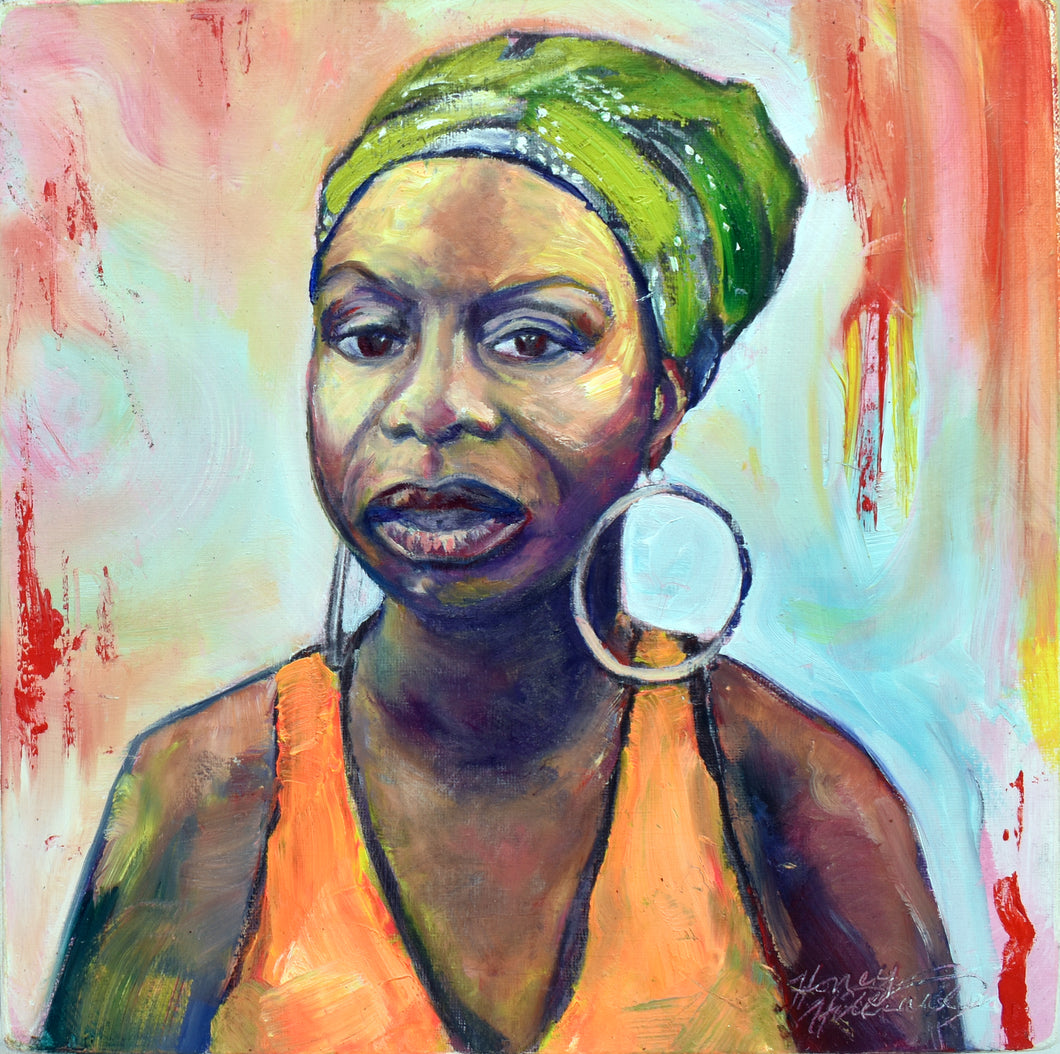 Portrait of Nina Simone, 12 x 12 oil on 2.5