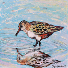 Load image into Gallery viewer, Shorebird Reflection on 12x12&quot; wood canvas, textured original painting by Honey Hilliard