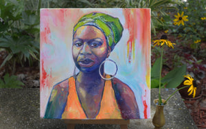 Portrait of Nina Simone, 12 x 12 oil on 2.5" deep canvas